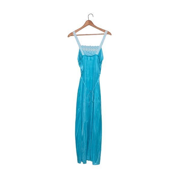 Vintage 60s 70s Undercover Wear M Turquoise Embroidered Maxi Nightgown Gown - Picture 2 of 5